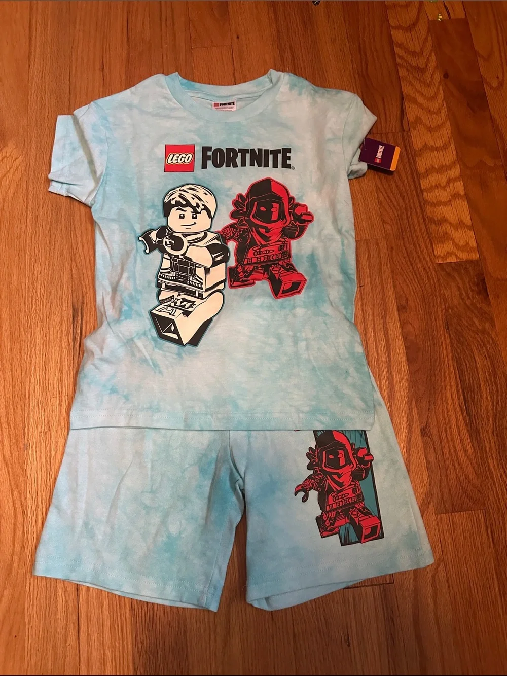 Lego Fortnite Light Blue Tie-Dye Tee and Shorts Set with Red/Black Graphics
